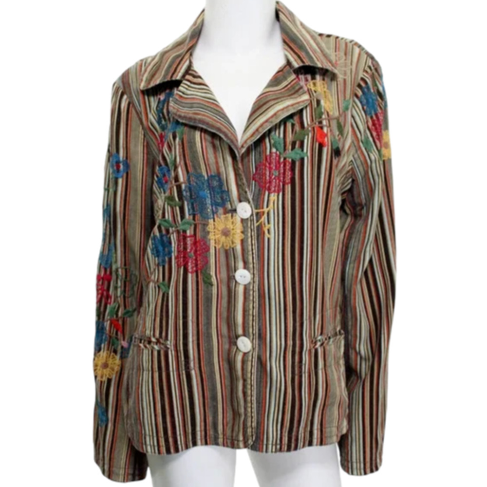 Johnny Was Striped Floral Embroidered Jacket Blazer Velvet Boho